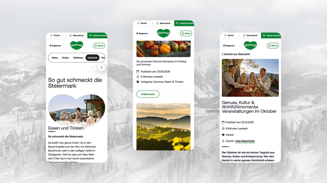 Three mobile screens of steiermark.com showing culinary content, a picnic article and an autumn events article
