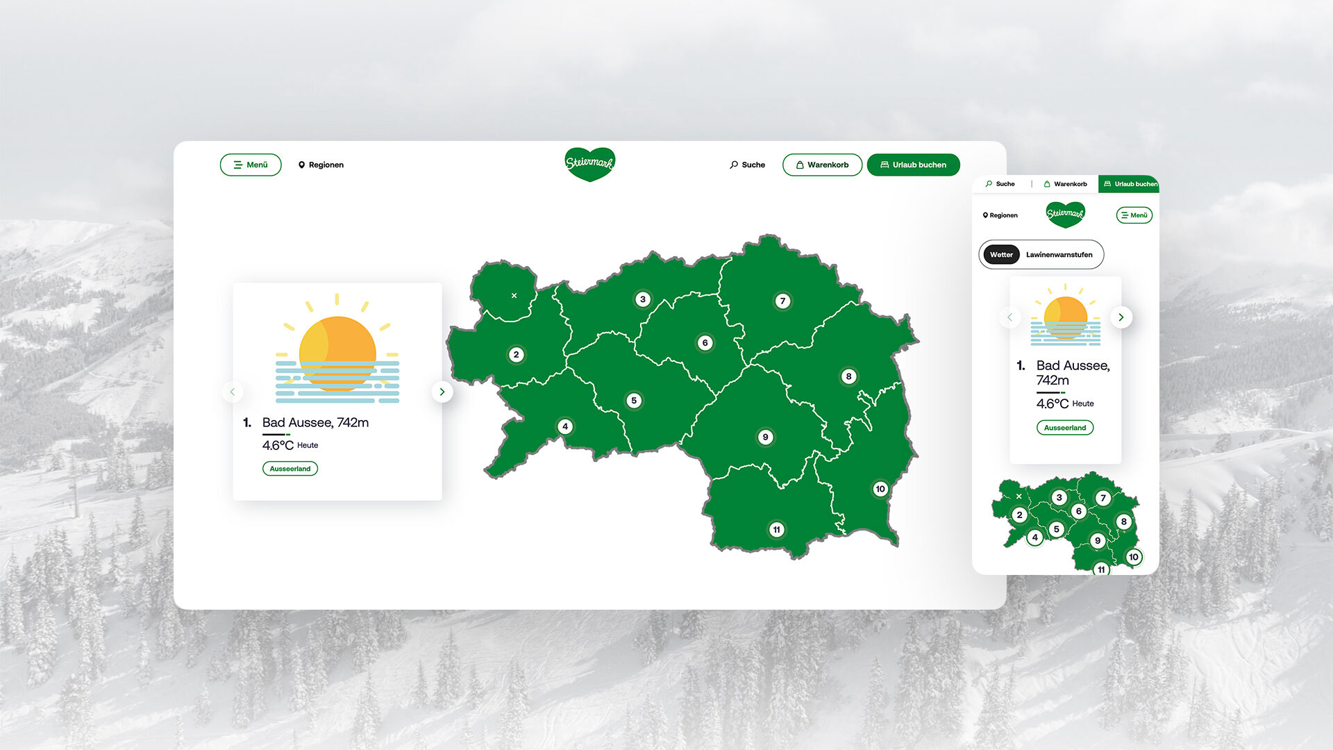 Desktop and mobile views of an interactive Styria map with numbered regions and a weather widget for Bad Aussee