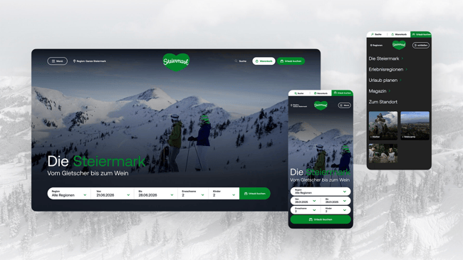 Desktop, mobile and menu views of the redesigned steiermark.com homepage with a winter mountain scene and a booking search bar