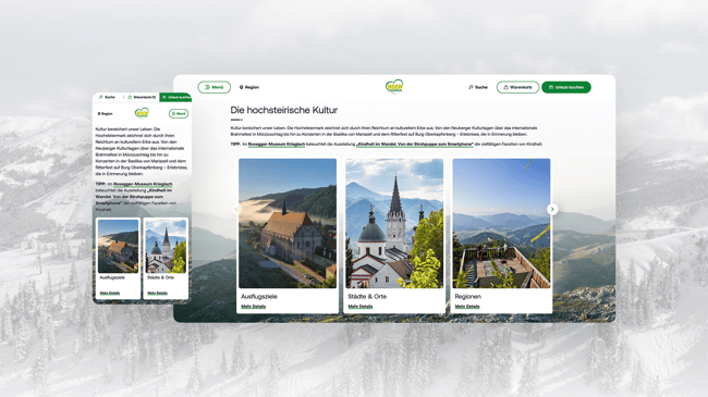 Desktop and mobile views of a steiermark.com culture page with image cards for excursion destinations, towns and regions