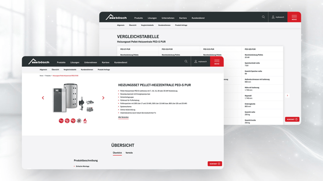 Desktop views of a boesch.at product detail page for a pellet heating set and a product comparison table
