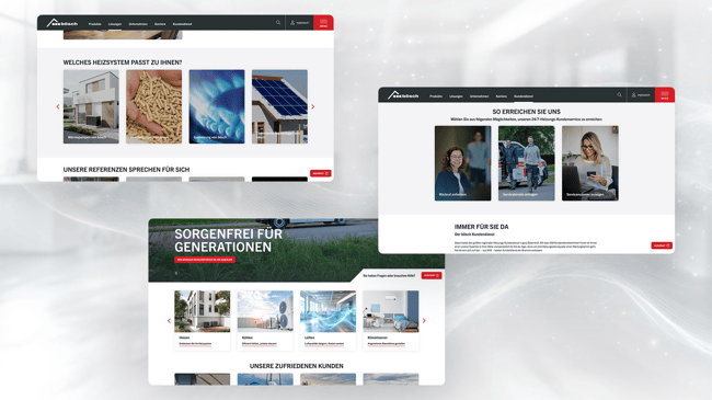 Several boesch.at page views with a heating system selector, contact options for customer service and product categories