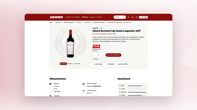 Desktop view of a product detail page in the Denner wine shop with a red wine bottle, price, add-to-cart button and tasting profile