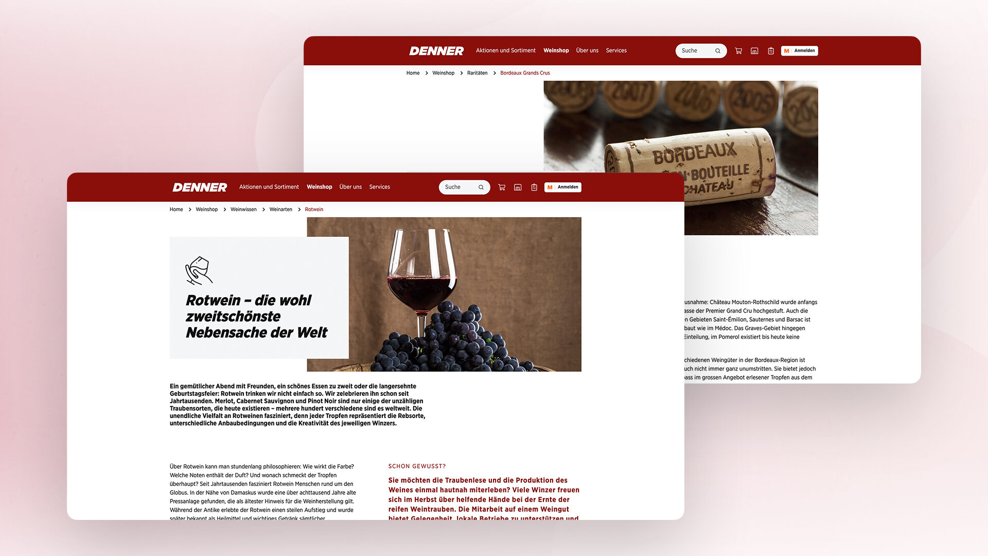Two desktop views of editorial wine content on denner.ch, including an article on red wine and a Bordeaux page