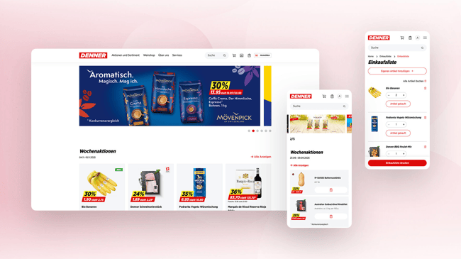 Desktop and mobile views of denner.ch with a promotional banner, weekly offers and a digital shopping list