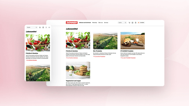 Desktop and mobile views of the denner.ch food range page with categories such as fruit and vegetables, organic products and vegetarian and vegan