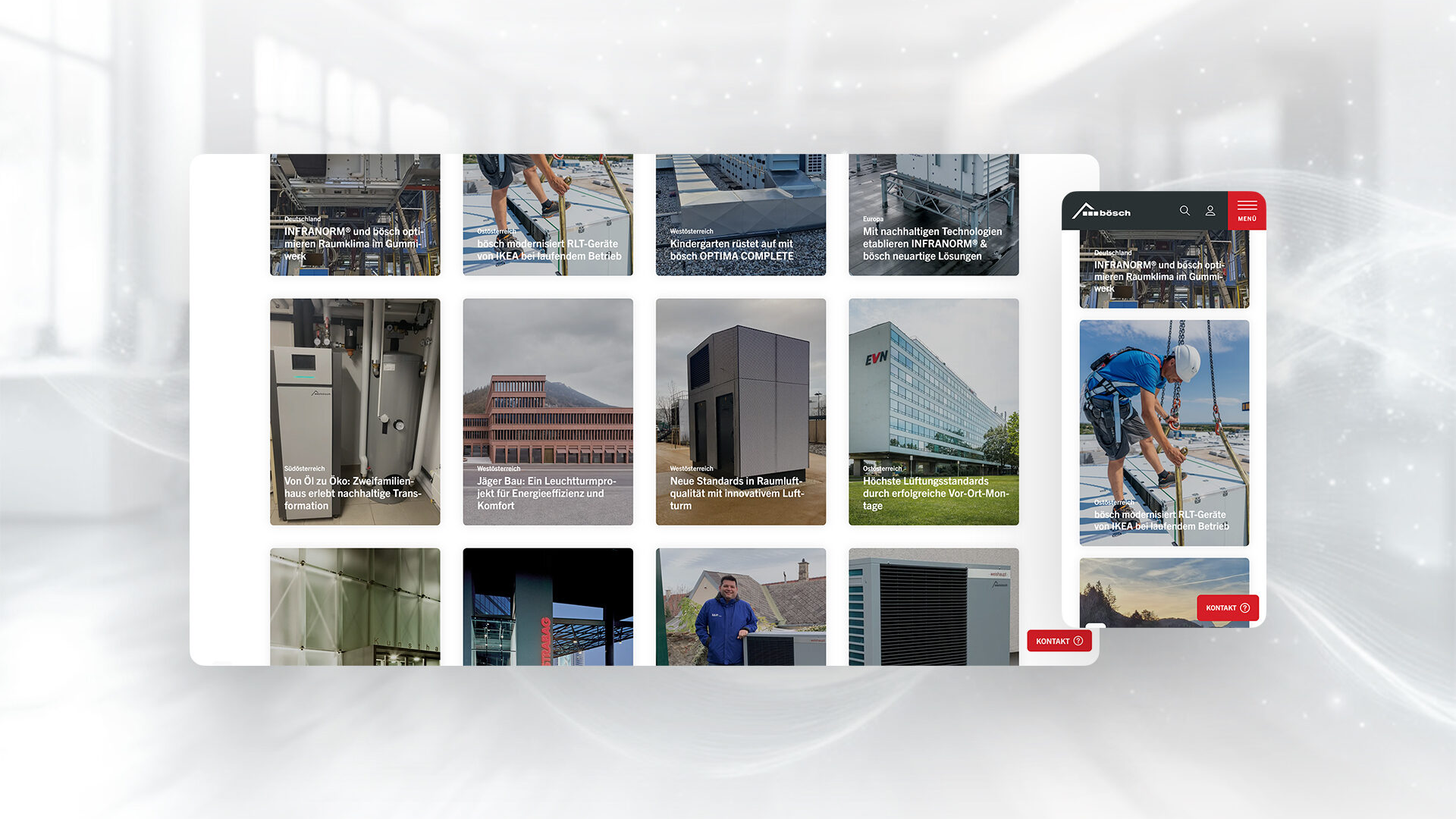 Desktop and mobile views of the boesch.at reference projects overview with photo tiles of installations and buildings