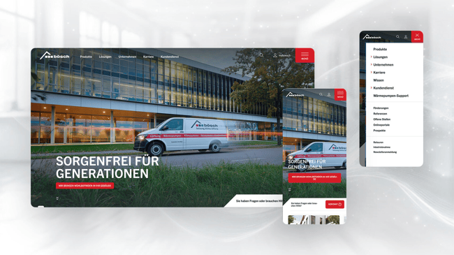 Desktop, mobile and menu views of the boesch.at homepage with the headline Sorgenfrei für Generationen and a bösch service van in front of an office building