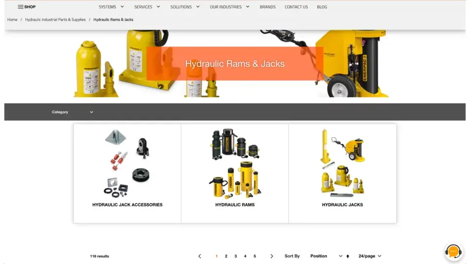 Wainbee industrial supplies webshop showing hydraulic rams and jacks category with product tiles