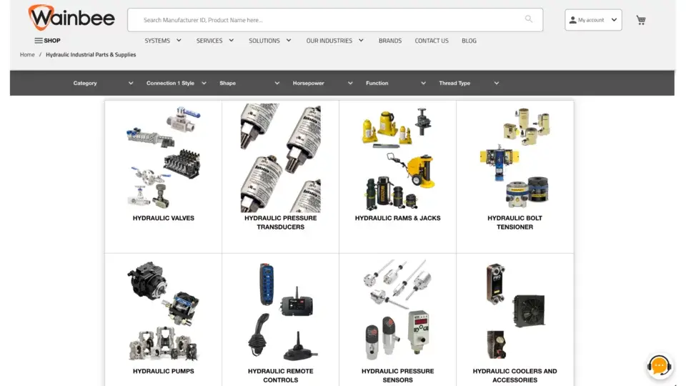 Wainbee hydraulic parts webshop overview page displaying product categories in a filtered grid