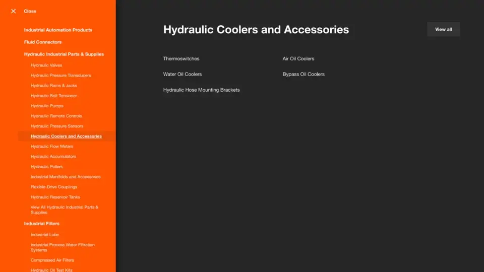 Wainbee webshop navigation menu expanded to show hydraulic coolers and accessories subcategories