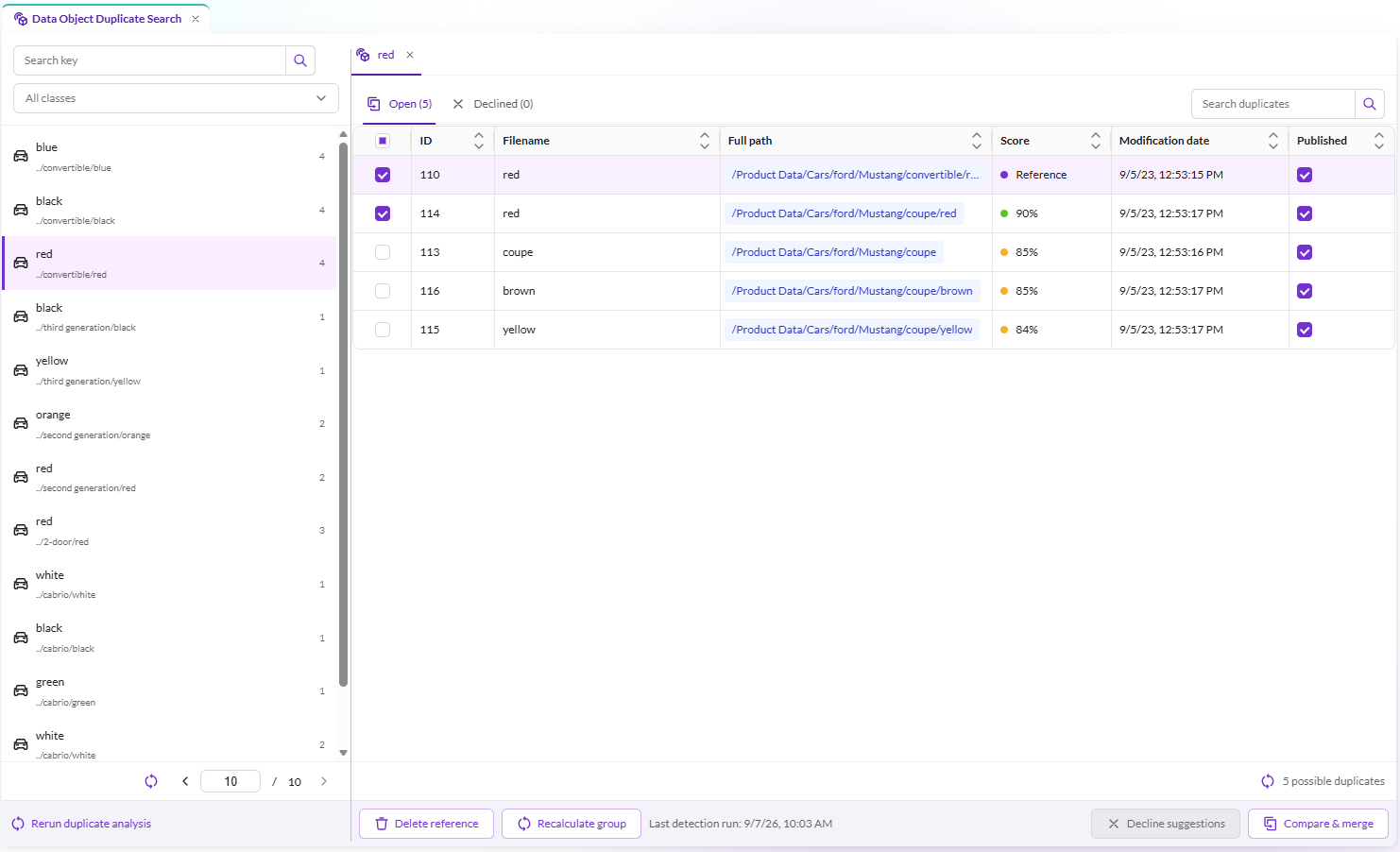 Data Object Duplicate Search screen showing possible duplicate records grouped by similarity score