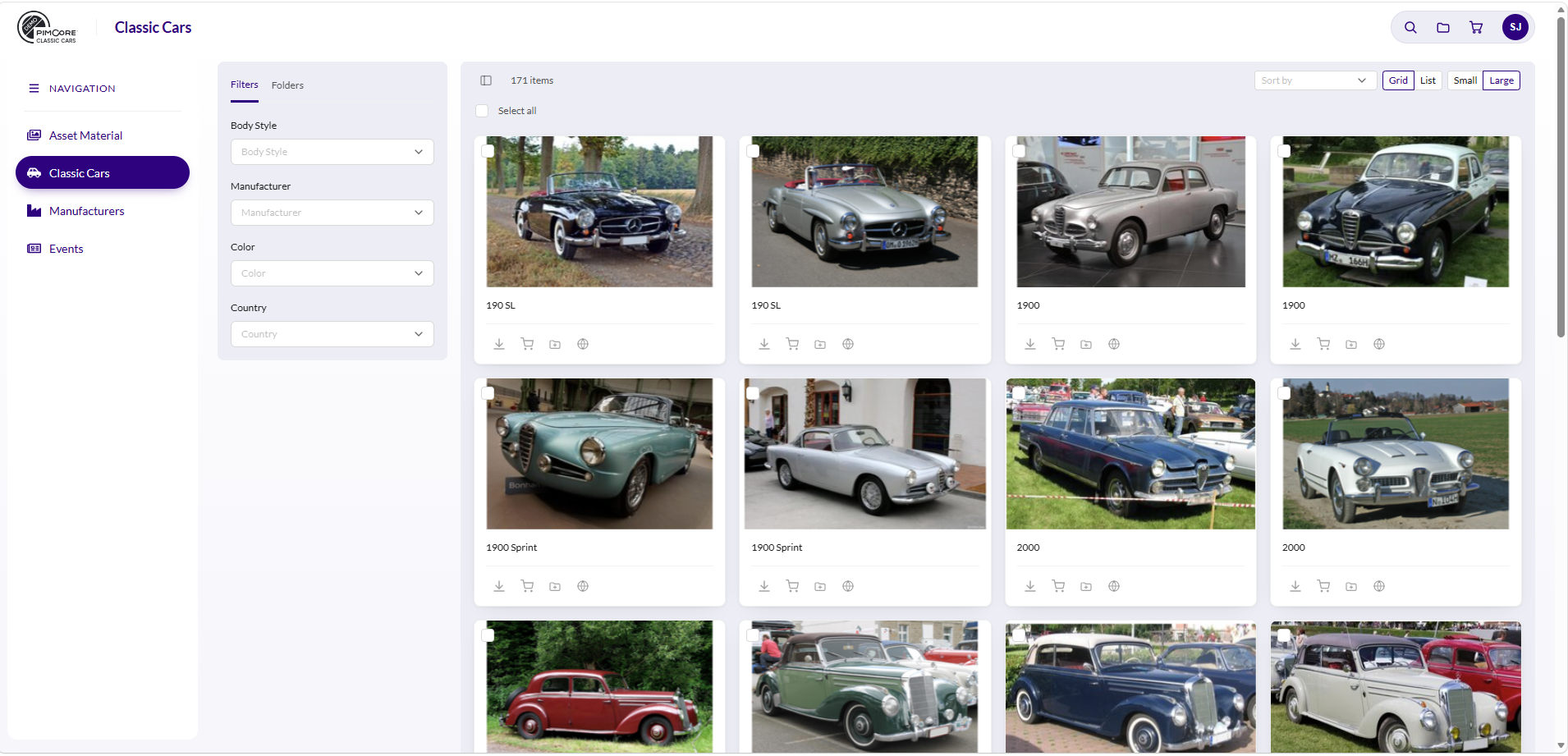 Pimcore Experience Portal displaying a Classic Cars asset library