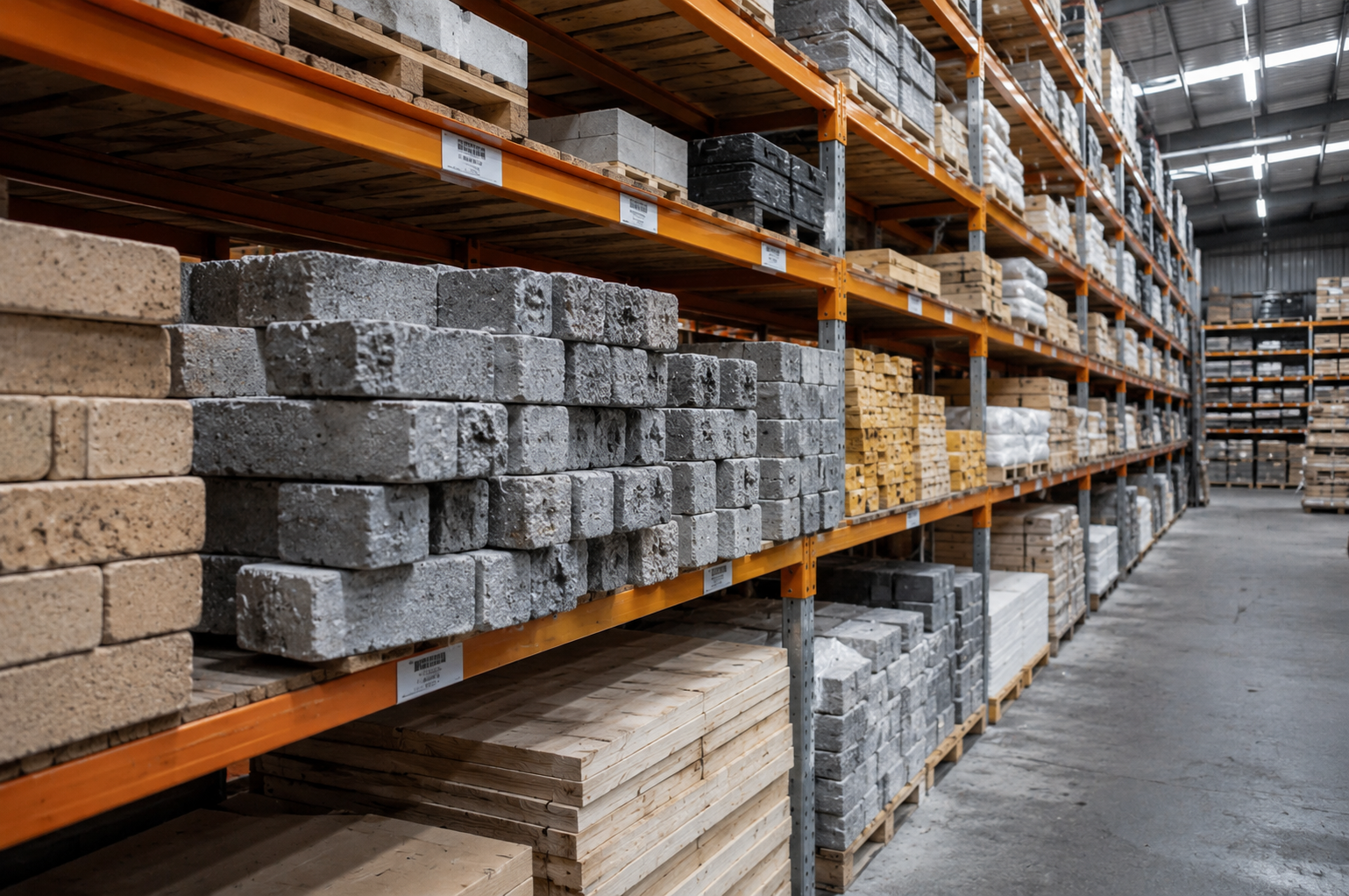 Warehouse aisle of a building materials distributor with orange racking holding stacked concrete blocks, timber planks and bagged products on pallets